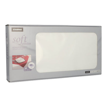Die Starpak 20 Mitteldecken „soft selection“, stoffähnlich aus Vlies (80x80 cm), kommen in einer überwiegend grauen Box mit großem transparentem Fenster, durch das die weißen Servietten sichtbar werden; ideal für die Gastronomie, mit Produktinfo auf der Vorderseite.