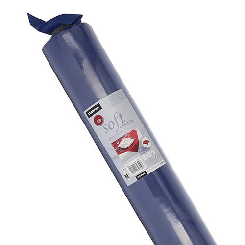 Eine blaue Rolle Starpak Tischdecke, stoffähnlich, Vlies „Soft Selection“, ist schräg abgebildet. Das Etikett zeigt Produktdetails und das Bild eines Tisches mit rotem Starpak-Tuch.