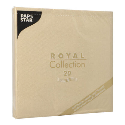 En beige PAPSTAR 20 servietter "ROYAL Collection" 1/4-fold (40x40cm) fra PAPSTAR GmbH med gylden tekst og sort etiket øverst til venstre - ideel til en elegant borddekoration.