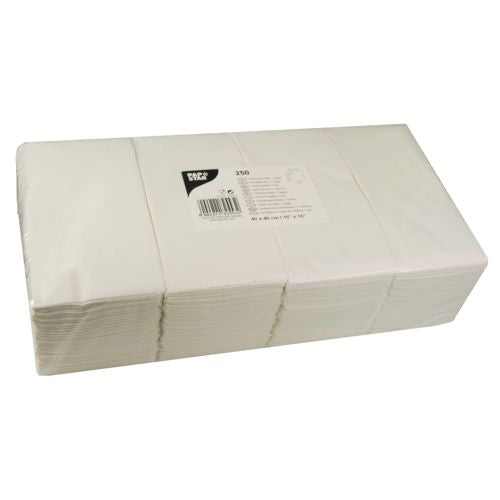 En stak foldede hvide PAPSTAR GmbH servietter 1/8-fold, 40x40 cm, 2-lags (250 stk.), pakket i klar plast med en hvid etiket med produktinformation og stregkode.