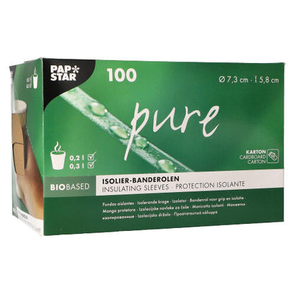 Ein grün-weißer Spenderkarton der PAPSTAR GmbH enthält 100 "reine" braune Banderolen für Heißgetränkebecher (Ø 7,3 cm), mit Produktinformation und Symbolen auf der Verpackung.