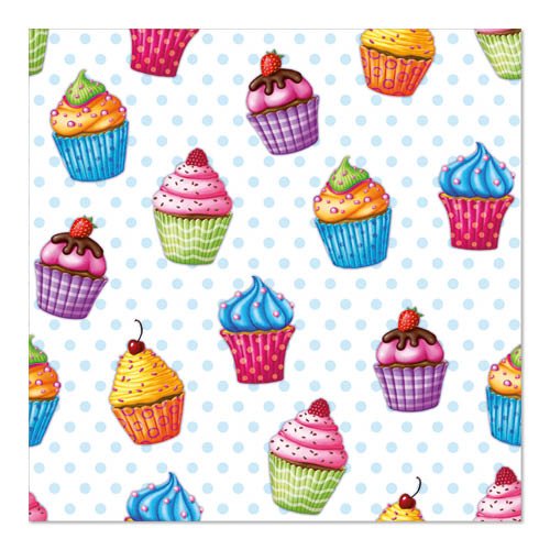 Et sømløst mønster af farverige cupcakes med forskellige glasurer og dekorationer, inspireret af PAPSTAR GmbH's 20 servietter 33x33cm 3-lags design sæt 5, på en hvid baggrund med lyseblå prikker.