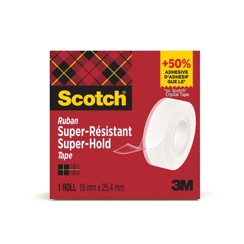 En æske Scotch® Super-Hold Secure Tape (1 rulle, 19 mm x 25,4 m) fra 3M Deutschland GmbH viser gennemsigtigt tape til gennemsigtige samlinger i rød emballage med gult og sort tern samt oplysninger på engelsk og fransk.