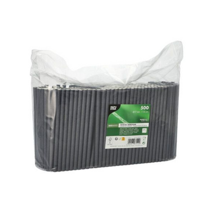 En gennemsigtig plastikpose med 500 sorte cocktail-sugerør af papir fra PAPSTAR GmbH. Emballagen er forsynet med en grøn-hvid etiket, der viser mærke og produktdetaljer. Et miljøvenligt alternativ er vores FSC-certificerede papirsugerør.