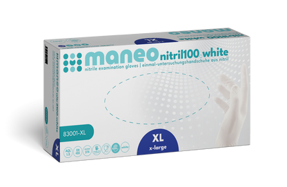 Eine rechteckige Schachtel MANEO Nitril-Handschuhe, hygienisch und strapazierfähig von ARNOWA GmbH in XL, mit teal und blauem Branding und einer Abbildung einer behandschuhten Hand auf der rechten Seite.