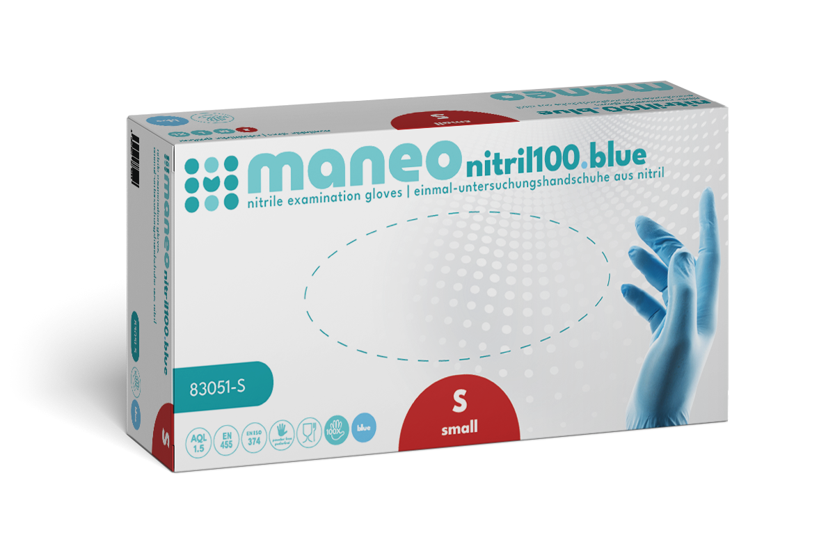 Eine rechteckige Schachtel der ARNOWA GmbH mit der Aufschrift "MANEO Nitril-Handschuhe, hygienisch und strapazierfähig" enthält kleine, blaue Einweghandschuhe. Die Verpackung zeigt eine behandschuhte Hand, Produktsymbole und einen zweisprachigen Text.