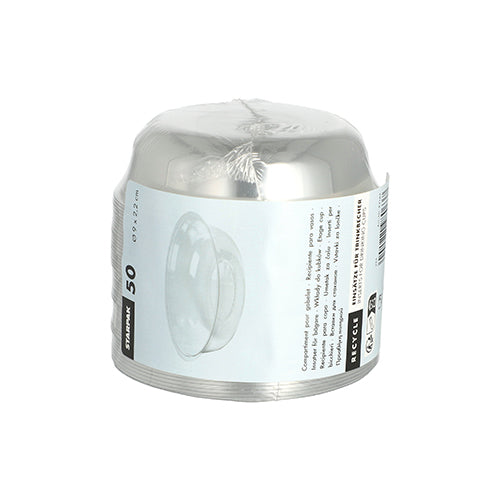 Ein Stapel mit 50 runden Starpak PET-Einlagen "Hurricane" (Ø 9 cm, 2,2 cm) in glasklarer Folie mit weißem Etikett. Ideal als Einweg- oder PET-Einsätze für viele Gelegenheiten. Marke: Starpak.