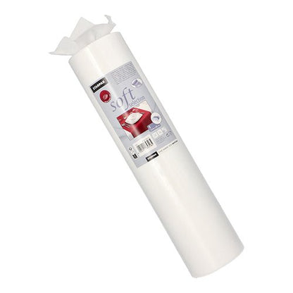 En hvid rulle Starpak bordløber, stoflignende fleece „soft selection“ (24 m x 40 cm), viser mærkenavn og produktlabel med rød borddækning, nogle blade er let trukket ud foroven.