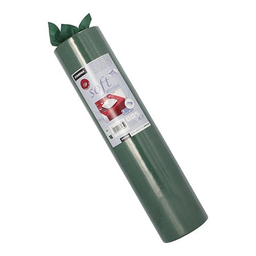 En oprullet grøn Starpak bordløber, stoflignende fleece „soft selection“ (24 m x 40 cm), med en etiket med produktinfo og et billede af en rød bil, er cylindrisk pakket, hvor noget materiale stikker ud foroven.