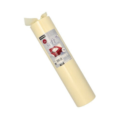 På hvid baggrund er en oprullet Starpak bordløber, stoflignende fleece „soft selection“ (24 m x 40 cm), med etiket med mærke, brugsanvisning og stregkode afbildet.