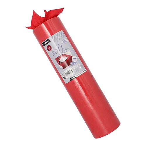 En rulle Starpak bordløber, stoflignende fleece „soft selection“ (24 m x 40 cm), står oprejst. På etiketten er produktinformationer og indpakkede gaver afbildet, mens den bløde løber er delvist rullet ud foroven.