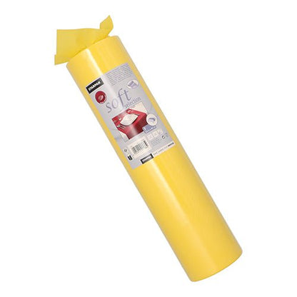 En oprejst rulle Starpak bordløber, stoflignende fleece „soft selection“ (24 m x 40 cm), delvist udpakket foroven, viser en produktseddel med detaljer og et billede af en rød gulvbelægning.