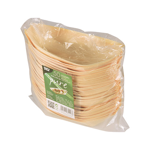 Eine versiegelte Packung der PAPSTAR GmbH enthält 50 „pure“ Holz Fingerfood-Schalen „Schiffchen“ mit grünem Etikett mit Marke, Produktinfos und Umweltsymbolen – ideal zum Servieren von Fingerfood.