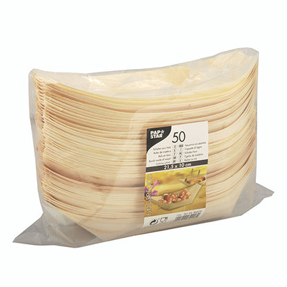 Eine versiegelte Packung mit 50 ovalen PAPSTAR Holz „pure“ Schiffchen-Tellern (21,5 x 10 cm) aus umweltfreundlichem Leichtholz zeigt die Marke, Menge und Größe der PAPSTAR GmbH – ideal zum Servieren von Fingerfood bei jeder Veranstaltung.