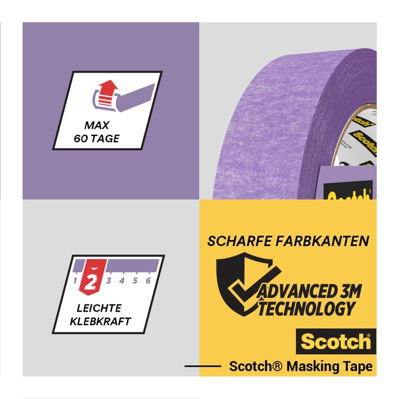 En rulle Scotch® malertape til sarte overflader (36 mm x 41 m, 1 rulle), fra 3M Deutschland GmbH, er kendetegnet ved symboler for en maksimal brugstid på 60 dage, let vedhæftning, skarpe farvelinjer og avanceret 3M teknologi. Tekst: DE/EN.