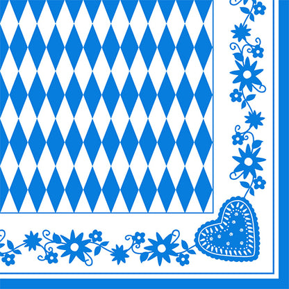Die PAPSTAR Servietten 1/4-Falz, 40x40 cm, Bayrisch Blau (3-lagig) zeigen ein blau-weißes Rautenmuster mit blauen Blumenrändern und einem Herzmotiv. Erhältlich im 50er-Pack bei der PAPSTAR GmbH.