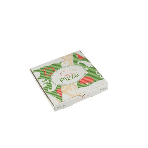 Den PAPSTAR 100 pizzakartoner, cellulose "pure" firkantet fra PAPSTAR GmbH er en miljøvenlig, kvadratisk karton med grønt-rødt og beige design samt "Pizza"-tekst og pizza-skive på låget.
