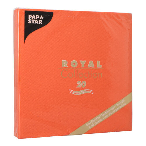 En pakke PAPSTAR 20 servietter "ROYAL Collection" 1/4-fold 40x40 cm fra PAPSTAR GmbH, med produktinformation i guld på premium-tissue emballagen.