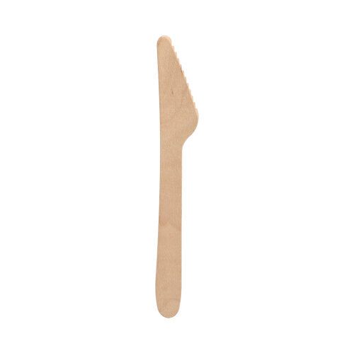 En enkelt PAPSTAR kniv af FSC® træ "pure", 16,5 cm med lige håndtag og let takket kant fra PAPSTAR GmbH, miljøvenlig, vises på hvid baggrund.