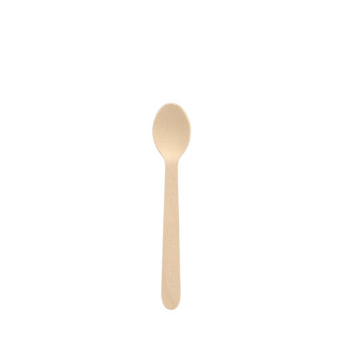 En PAPSTAR kaffeskef i FSC®-certificeret træ "pure", 11 cm, miljøvenlig (100 stykker), fra PAPSTAR GmbH er placeret midt på en enkel hvid baggrund.