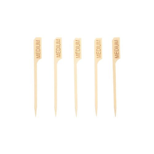 Fem PAPSTAR 250 Steak-markører 9 cm med inskriptionen "MEDIUM", stående lodret på hvid baggrund - ideel til professionel kødmarkering i gastronomi. Mærke: PAPSTAR GmbH.