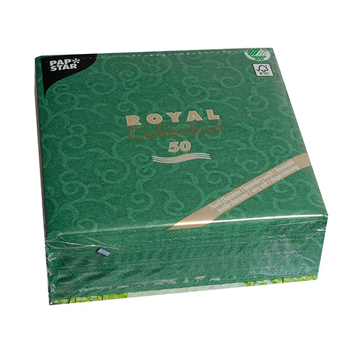 Eine Packung mit 50 PAPSTAR GmbH Servietten "ROYAL Collection" 1/4-Falz, grün, 40 x 40 cm, elegant gestaltete Papierservietten aus der Royal Collection.