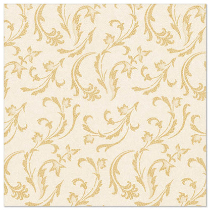 Die PAPSTAR 50 Servietten "ROYAL Collection" 1/4-Falz 40 x 40 cm in Champagner der PAPSTAR GmbH zeigen ein klassisches, dekoratives Blumen- und Rankendesign in Gold auf beigem Hintergrund und verleihen jedem gedeckten Tisch Eleganz.
