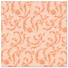 De PAPSTAR 50 servietter "ROYAL Collection" 1/4-fold 40 x 40 cm i nektarin fra PAPSTAR GmbH har en ferskenfarvet baggrund med et gentaget, kunstnerisk blomster- og rankemønster i en mørkere orange nuance.