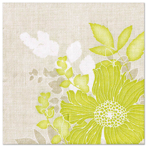 Ein strukturierter beiger Hintergrund mit einer großen gelb-grünen Blume und kleineren weiß-grünen Akzenten, ideal für PAPSTAR 50 Servietten "ROYAL Collection" 1/4-Falz 40 x 40 cm grün von PAPSTAR GmbH.