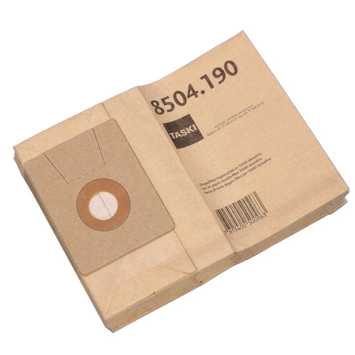 Afbildet er en bunke dobbelfilter papirpose dorsalino vakuumposer (karton, 10 pakker) til TASKI dorsalino fra Diversey Deutschland GmbH & Co. OHG er afbildet; en pose har en kartonkrave med rund åbning og produktnummeret 8504.190.
