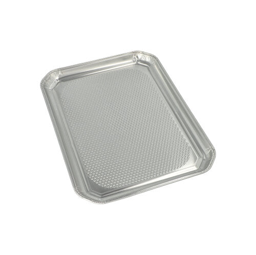 De Starpak 5 serveringsfade, alu firkantet 35 cm x 26 cm, er rektangulære aluminium bakker med let forhøjet kant og struktureret bund, ideel til gastronomi, hygiejnisk pakket i krympefolie.