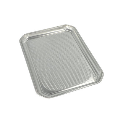 De Starpak 5 serveringsfade, alu firkantet 35 cm x 26 cm, er rektangulære aluminium bakker med let forhøjet kant og struktureret bund, ideel til gastronomi, hygiejnisk pakket i krympefolie.