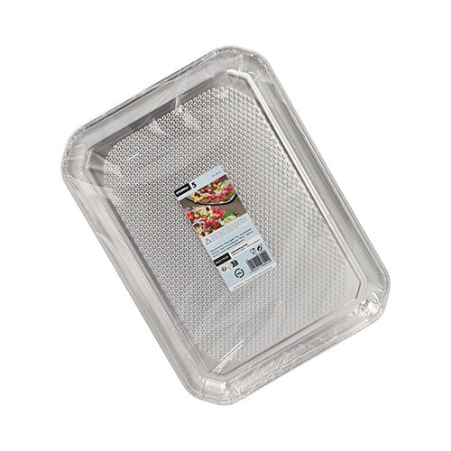 De Starpak 5 serveringsfade, alu firkantet 35 cm x 26 cm, er rektangulære engangsskåle af aluminium, hygiejnisk pakket i krympefolie med en centreret fødevare-billedetiket, perfekt til professionel gastronomi. (5 stykker).