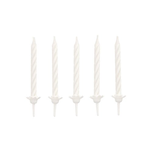 Fem uoplyste hvide PAPSTAR fødselsdagslys 6 cm med holder (PAPSTAR GmbH, blisterpakning 24 stykker) er arrangeret i en lige horisontal linje på en ensfarvet hvid baggrund.