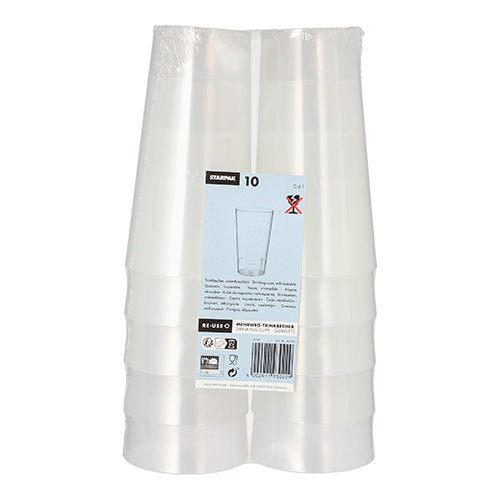 Produktet "Starpak 10 genanvendelig drikkekop" fra mærket Starpak viser ti stablebare, holdbare kopper lavet af klar plast i miljøvenlig emballage med blå-hvid etiket, der står opstillet.