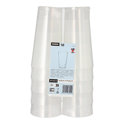 Produktet "Starpak 10 genanvendelig drikkekop" fra mærket Starpak viser ti stablebare, holdbare kopper lavet af klar plast i miljøvenlig emballage med blå-hvid etiket, der står opstillet.