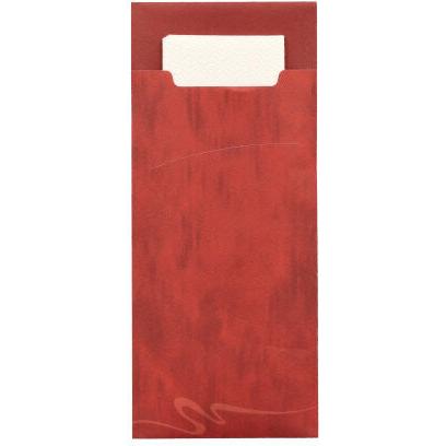 De 520 bestikposer fra PAPSTAR GmbH har en rektangulær, rød, to-lags holder (20 x 8,5 cm) med en udskæring for nem adgang til den matchende, cremefarvede serviet (33 x 33 cm), der delvist er synlig indeni.