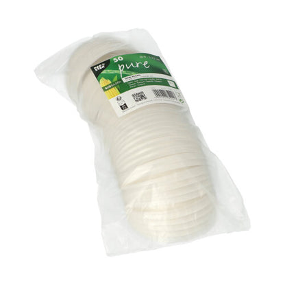 En stak af 50 hvide PAPSTAR C-PLA-rundlåg (2,1 cm høje) fra PAPSTAR GmbH, overskueligt pakket med genbrugs- og komposteringssymboler, tilbyder en miljøvenlig, biologisk nedbrydelig løsning.