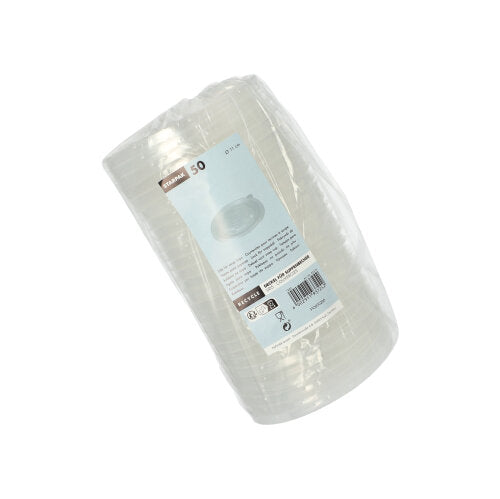 En stak af 50 gennemsigtige Starpak PP-suppebægre "To Go" (Ø 11 cm) pakket i folie med en blå-hvid etiket med produktdetaljer og stregkode sørger for en spildfri anvendelse.