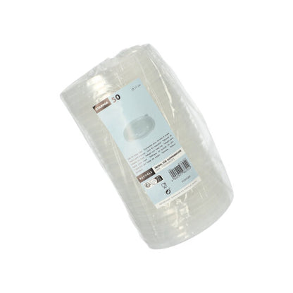 En stak af 50 gennemsigtige Starpak PP-suppebægre "To Go" (Ø 11 cm) pakket i folie med en blå-hvid etiket med produktdetaljer og stregkode sørger for en spildfri anvendelse.