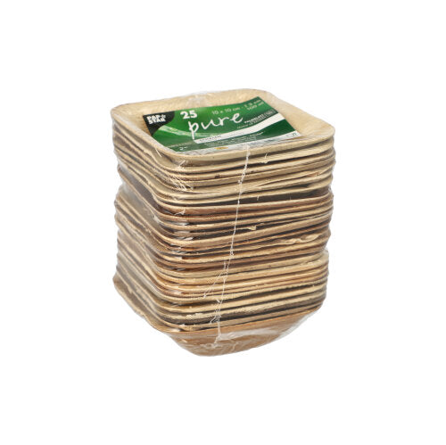 En pakke med 25 runde PAPSTAR palmeblad-skåle 'pure' fra PAPSTAR GmbH, miljøvenlig og ideel til bæredygtige events, pakket i klar folie med grøn-hvid etiket.