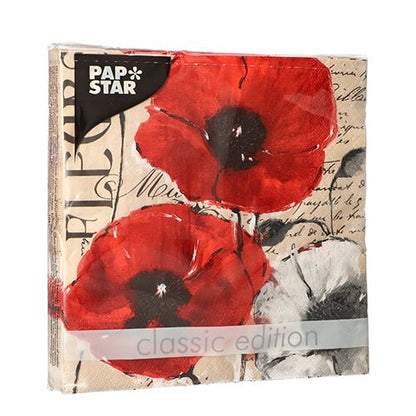 PAPSTAR GmbH tilbyder en pakke med 20 3-lags servietter (33x33cm, 1/4-falsning) i det florale sæt 5 design.