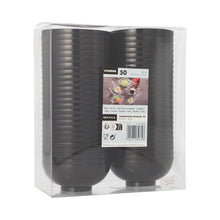 Den klare emballage indeholder 50 sorte PAPSTAR PS fingerfood-skåle fra PAPSTAR GmbH, stablet i to rækker med frontetiket og genbrugssymboler – ideel til fester og events.