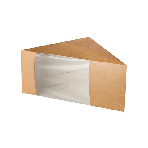 De PAPSTAR sandwichkasser med vindue (brun, 12,3 cm, lavet af PLA) fra PAPSTAR GmbH er miljøvenlige, trekantede og præsenteres tomme på hvid baggrund. Indhold: 50 stk.