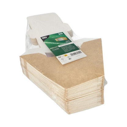 En pakke med 50 PAPSTAR sandwichkasser med vindue, brun, lavet af PLA (12,3 cm) fra PAPSTAR GmbH - miljøvenlige brune kasser i klar emballage med grøn-hvid etiket; perfekt til bæredygtig opbevaring af mad.
