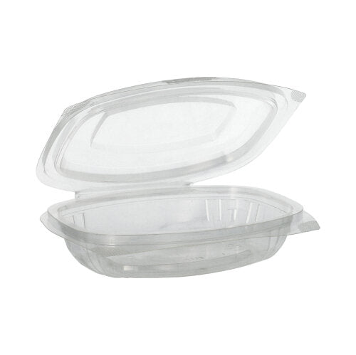 De PAPSTAR 50 delikatesse- og salatskåle med klaplåg, PLA "pure" krystalklar fra PAPSTAR GmbH er en transparent, rektangulær plastikbeholder af komposterbart PLA – ideel til en miljøvenlig emballage.
