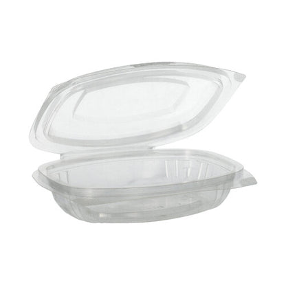 De PAPSTAR 50 delikatesse- og salatskåle med klaplåg, PLA "pure" krystalklar fra PAPSTAR GmbH er en transparent, rektangulær plastikbeholder af komposterbart PLA – ideel til en miljøvenlig emballage.