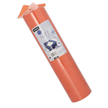 En rulle Starpak bordløber, stoflignende fleece "Soft Selection Plus" (24 m x 40 cm), står oprejst med et stykke let udrullet i toppen - ideel til særlige lejligheder. Produktetiketten viser mærket Starpak og detaljer.