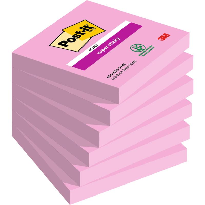 En stak af syv lyserøde Post-it® Super Sticky Notes blokke (76 mm x 76 mm, 90 ark hver, 100% PEFC) fra 3M Deutschland GmbH.