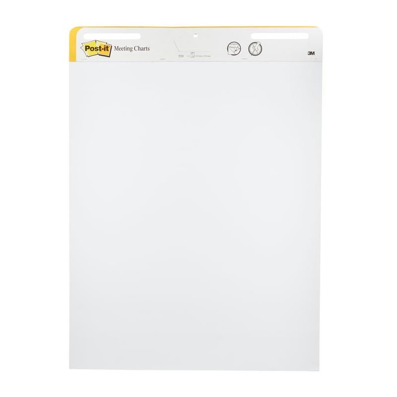Post-it® Super Sticky selvklæbende mødeplanchart/flipchart 559 fra 3M Deutschland GmbH har 30 hvide ark pr. blok, er 63,5 x 76,2 cm stor, har et gul-hvidt hoved med logo og er vertikalt orienteret til vægmontering. Pakke med 2 blokke.
